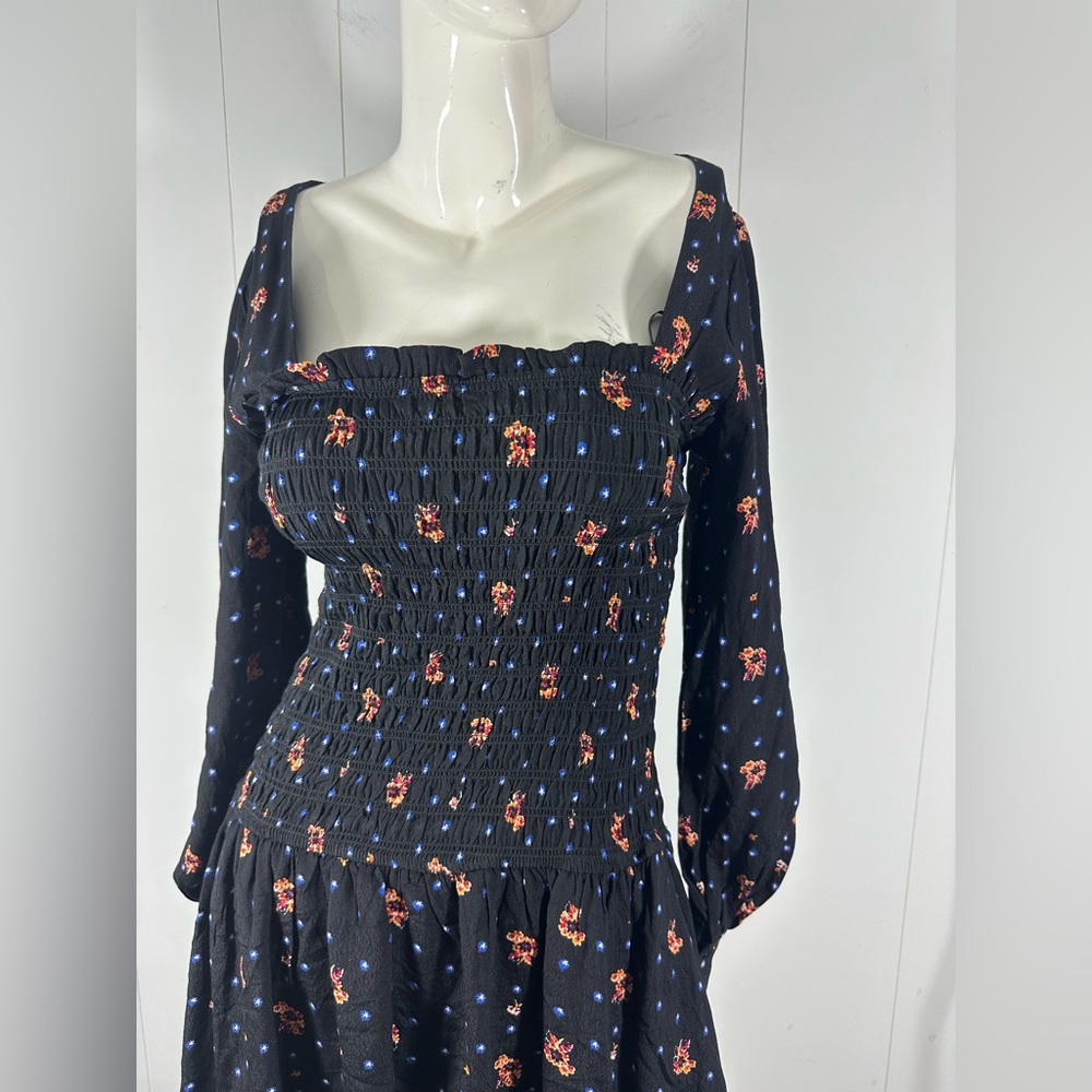 NWT Free People Black Smocked Floral Mini Dress Size Small S Long Sleeve - Picture 3 of 12